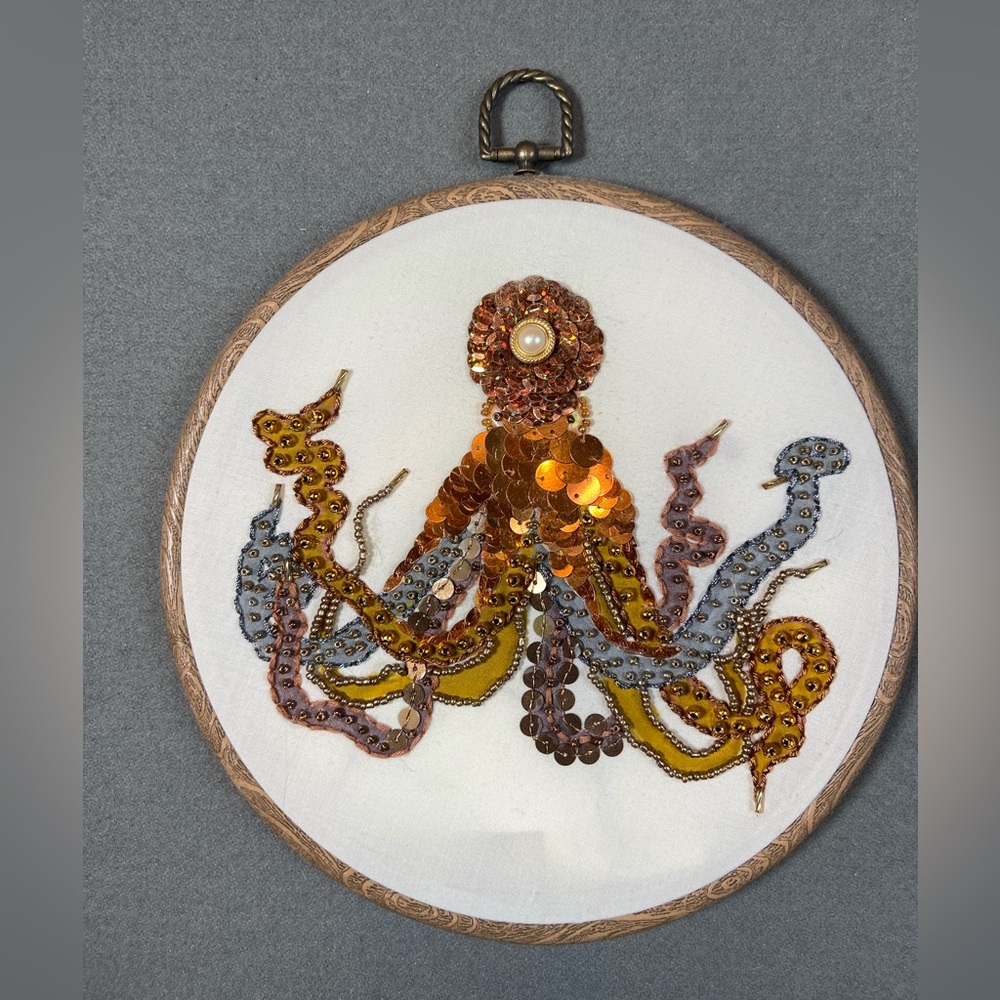 Octopus Embroidery Round Frame Sequins Modern‎ 10” Tall Handmade
